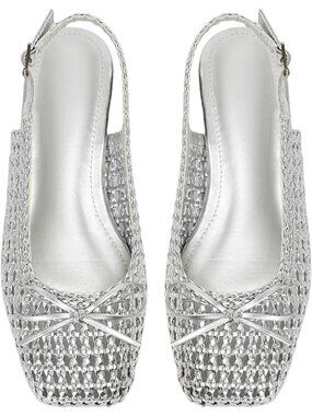 Women Woven Silver Slingback Square Toe Bow Knit Ankle Buckle Satin Ballet Flats
